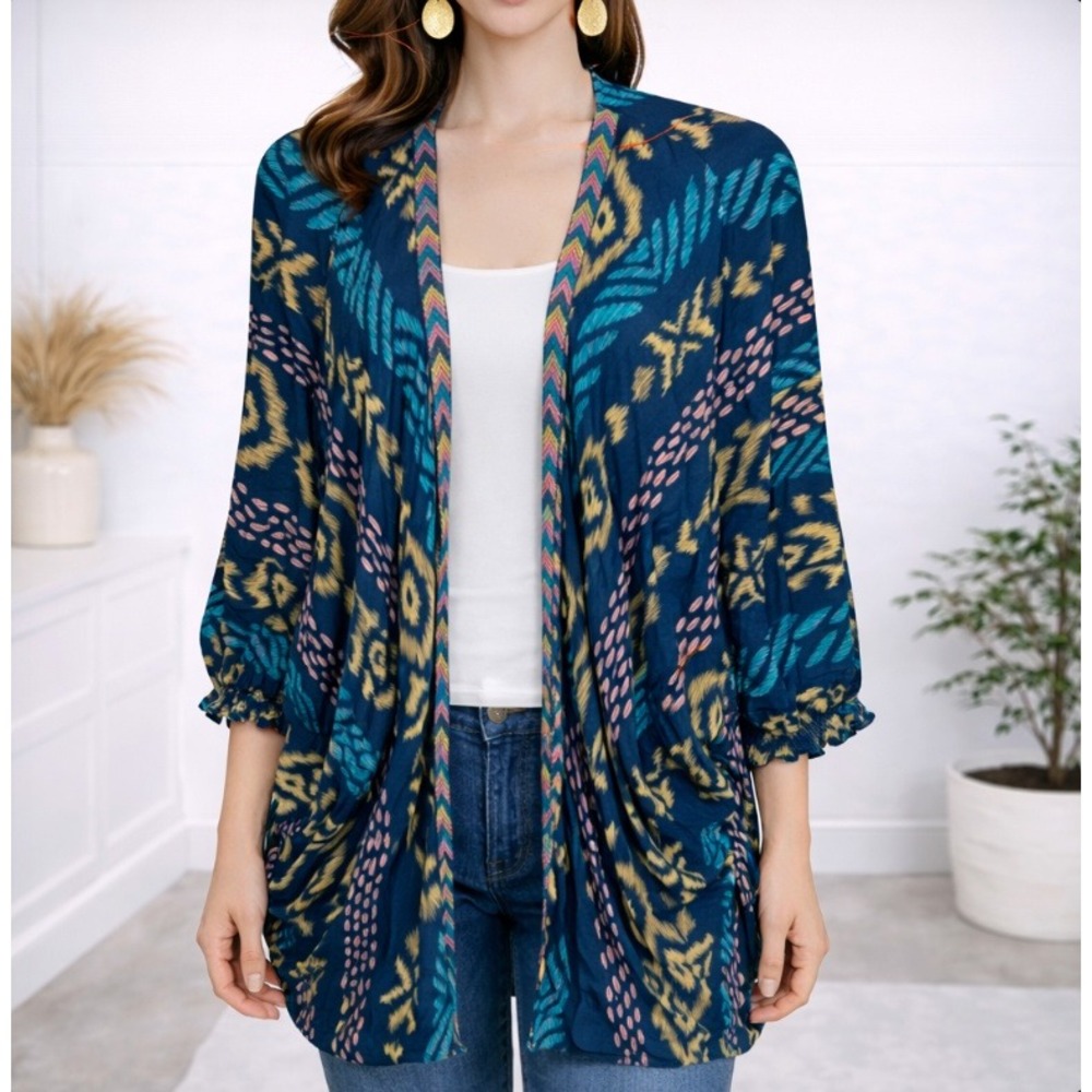 Ariat Ella Kimono Wrap Women S-M Blue Aztec Print Open Front Lightweight Western